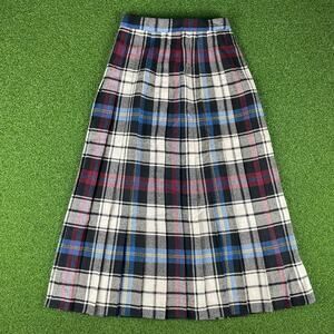 Vintage 90s Claude Blue White Plaid Button Front Pleat Flannel Midi Skirt Sz 5/6